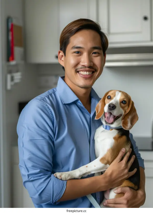 Asian man smiling while holding a beagle dog in his arms