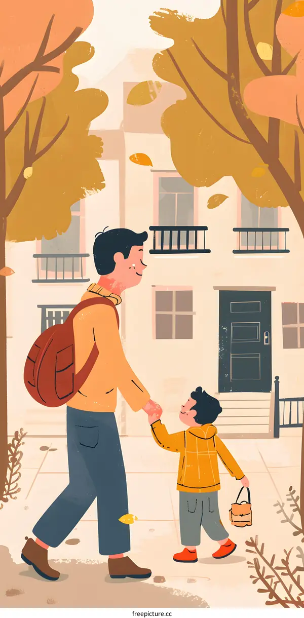 Father and Son Walking Home Together in Autumn