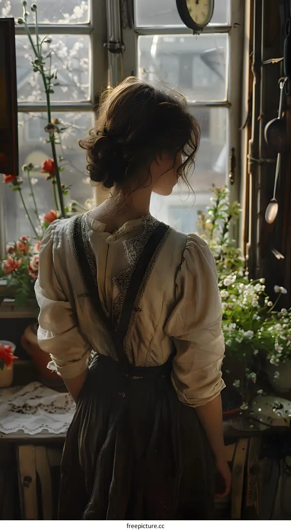 A woman standing in a kitchen looking out the window