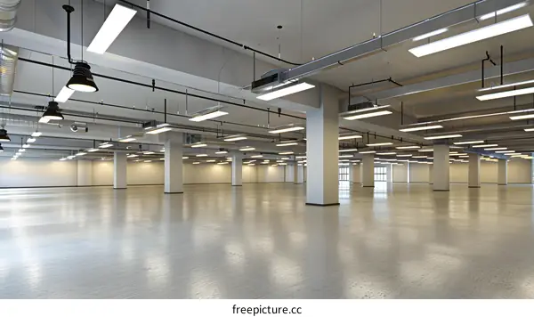 Empty Industrial Warehouse With Concrete Floor And Ceiling Lights