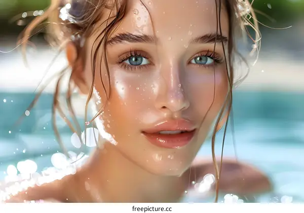 Close-up portrait of a beautiful young woman with wet hair and water droplets on her face