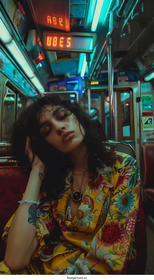 Woman Sleeping on a Bus with Floral Shirt