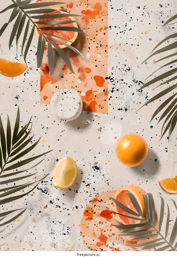 Tropical Fruits and Palm Leaves on a Colorful Background