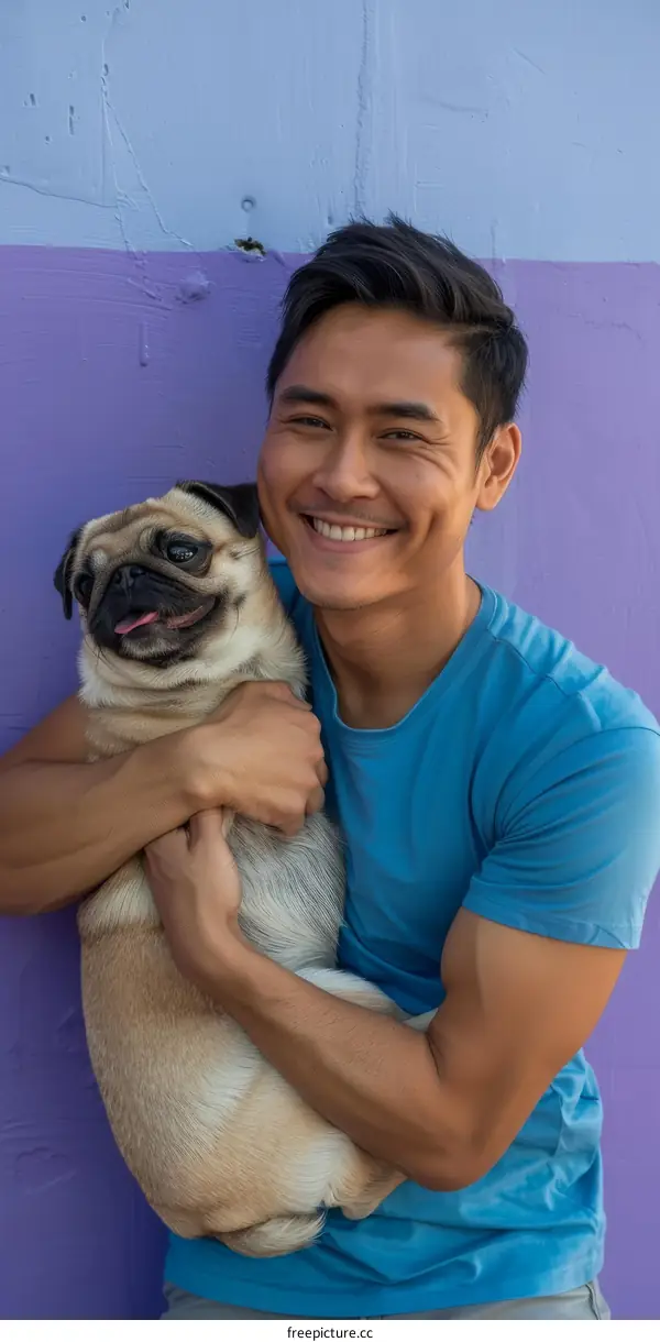 A smiling Asian man hugging a pug dog