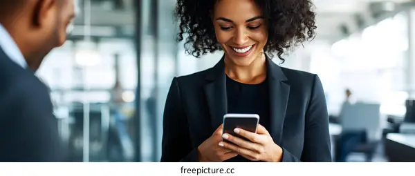 Smiling Businesswoman Using Smartphone In Office