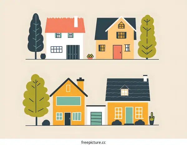 Cute Simple Illustration of a Small Town with Houses and Trees
