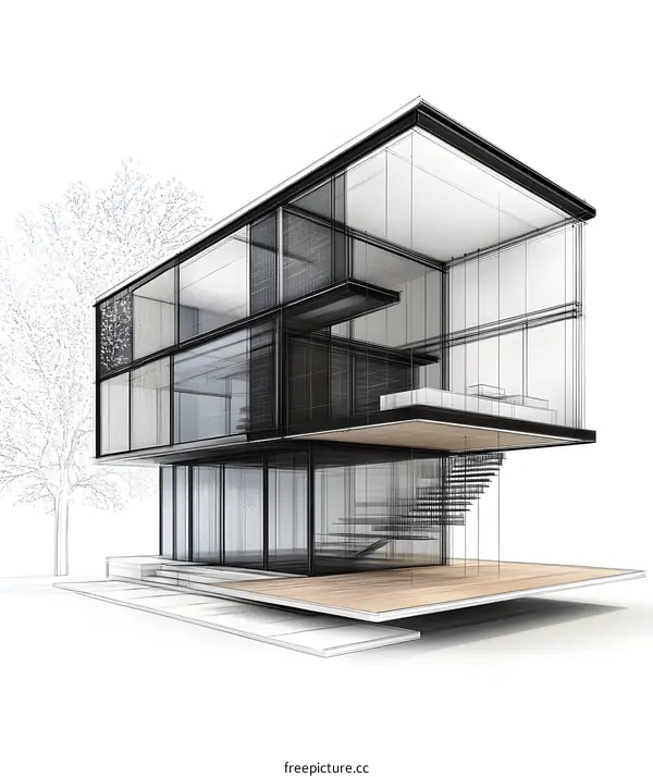 Modern House Sketch Design With Stairs And Balcony