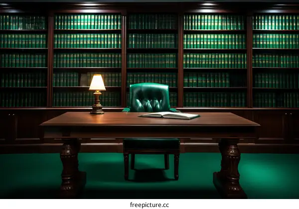 Empty Library with Wooden Desk, Chair, and Lamp