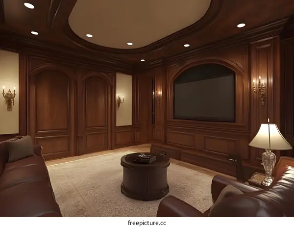 Modern Home Theater Room With Wooden Paneling