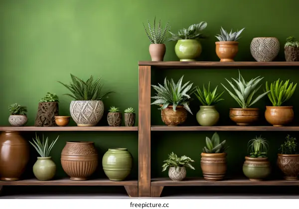 Various species of succulents and cacti in pots on wooden shelves against a green background