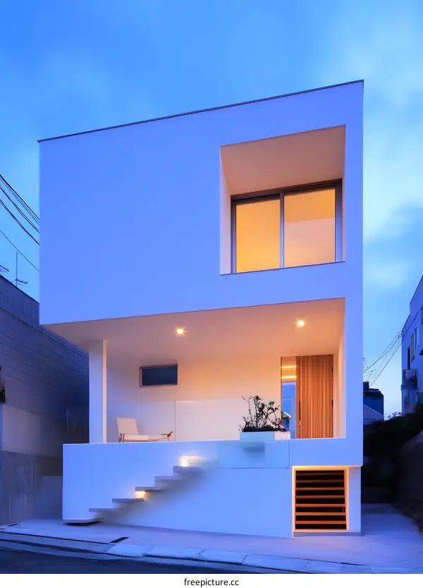 Modern Minimalist White House with Glass Windows and Wooden Door