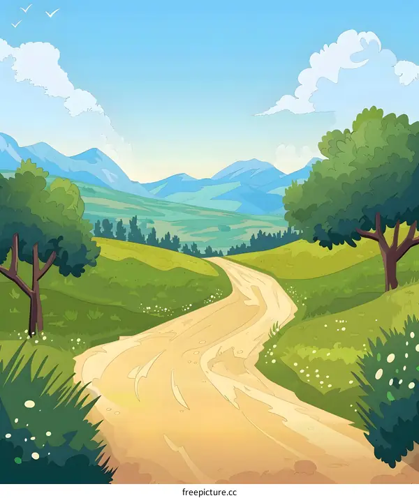 Winding Road Through Green Hills Landscape Illustration