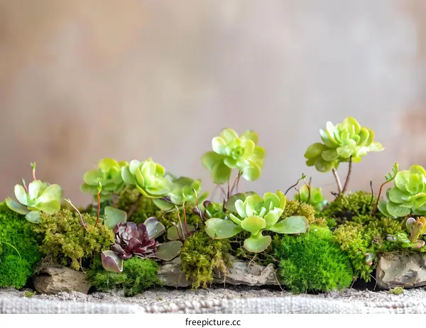 Succulents and Moss on a Stone Surface