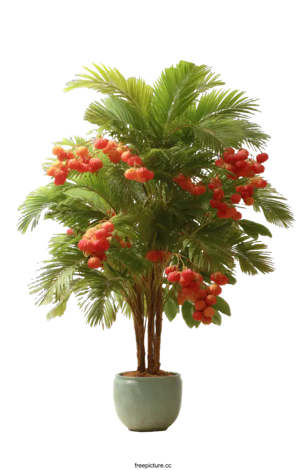 [Transparent Background PNG]Artificial Palm Tree with Lychee-like Fruits in a Pot