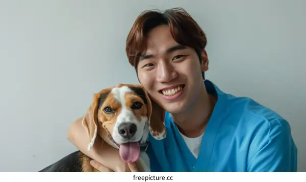 Young Asian male veterinarian smiling with a beagle