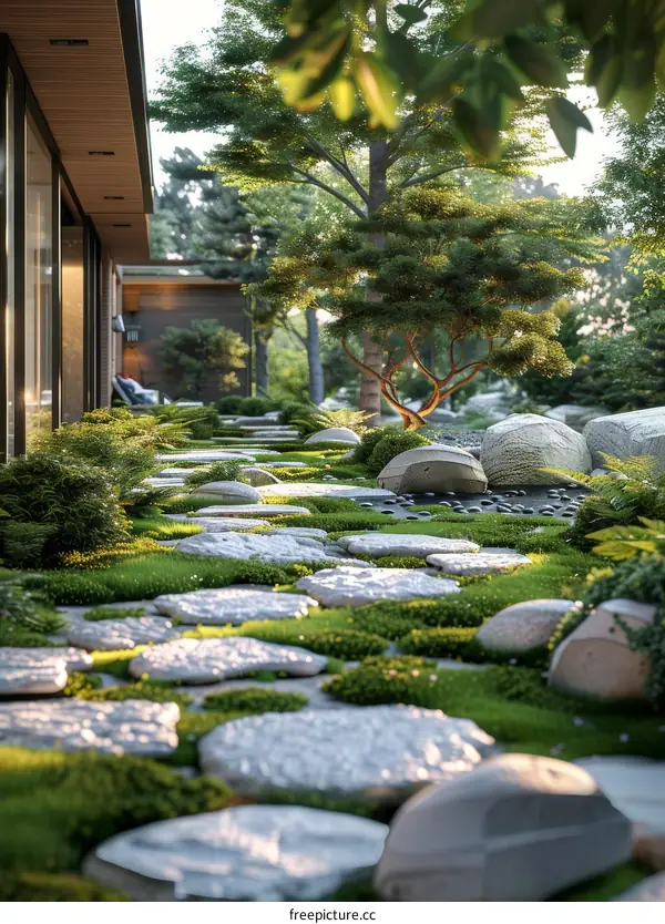 Serene Stone Path Garden with Lush Greenery