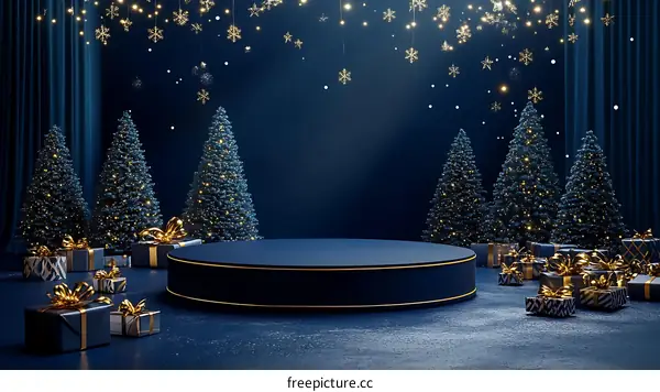 Christmas Scene with Dark Blue Podium and Christmas Trees