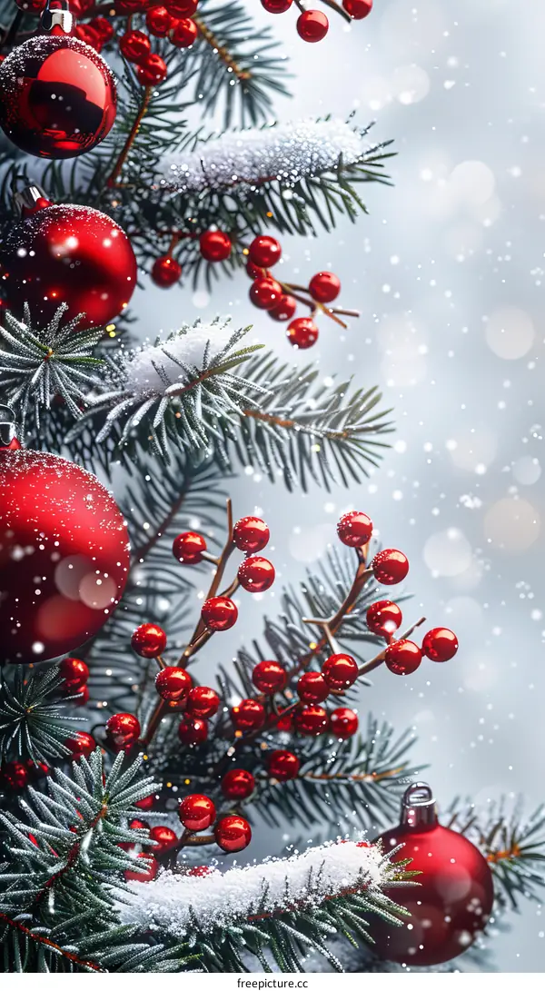 Christmas Ornaments with Snow and Red Berries