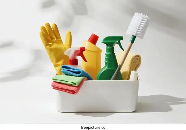 Assorted cleaning supplies including gloves, sprays, cloths, and brushes