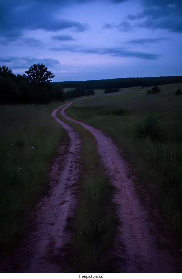Dusty Country Road Through Grass Field Under Dark Sky