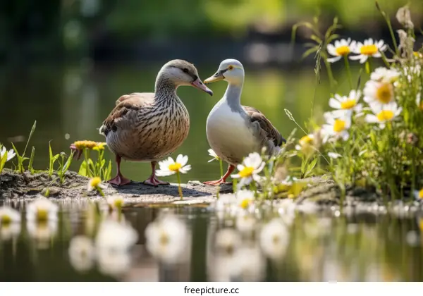 Ducks on a Pond with Daisies