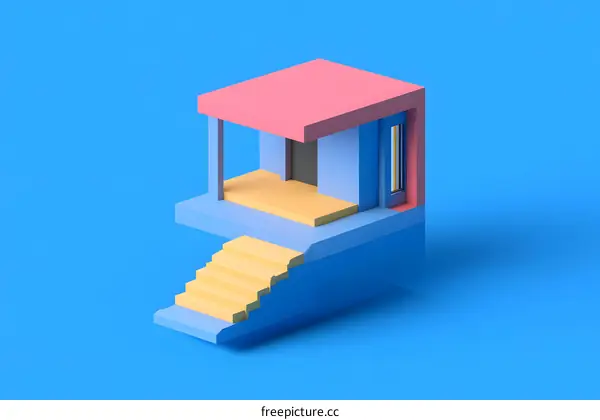 Minimalist 3D Illustration of a House with a Pink Roof and Yellow Steps