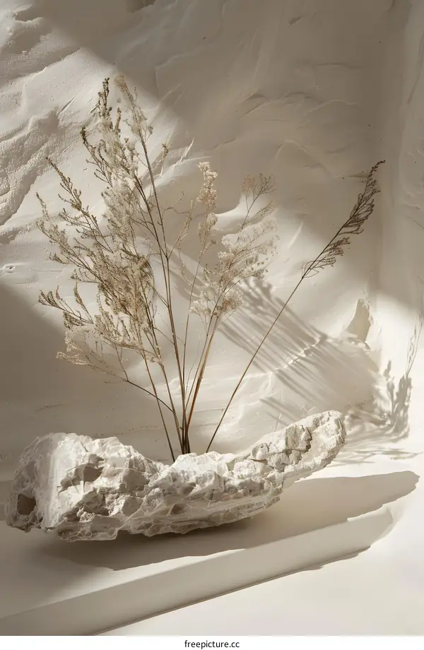 Dried Flowers in Stone Vase with Sunbeam on White Wall