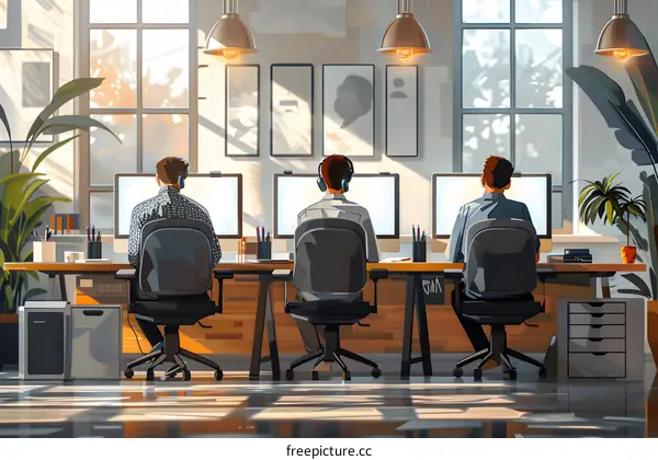 Illustration of a business office scene in an illustration style