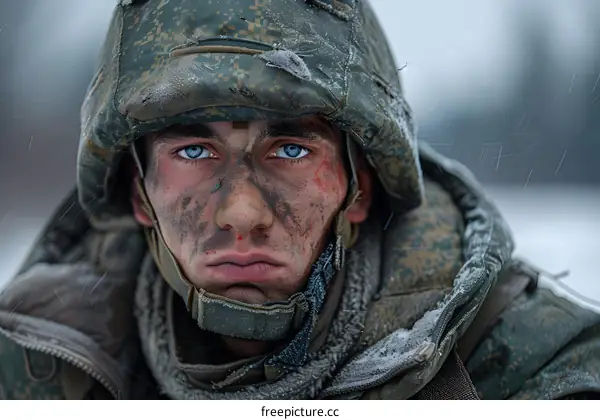 Portrait of a young soldier in the winter forest