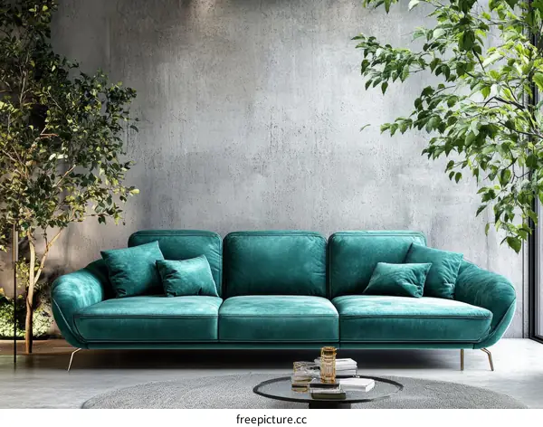 Modern Teal Sofa in a Concrete Interior