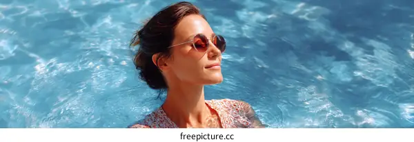 Woman Relaxing in a Swimming Pool with Sunglasses