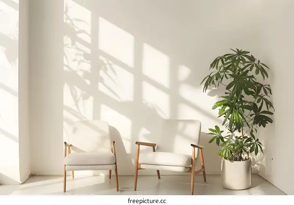 Minimalist Living Room Interior Design With White Chairs and Green Plants