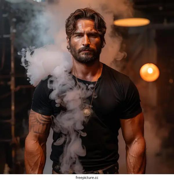 Portrait of a Bearded Man with Tattoos and a Pendant around his Neck