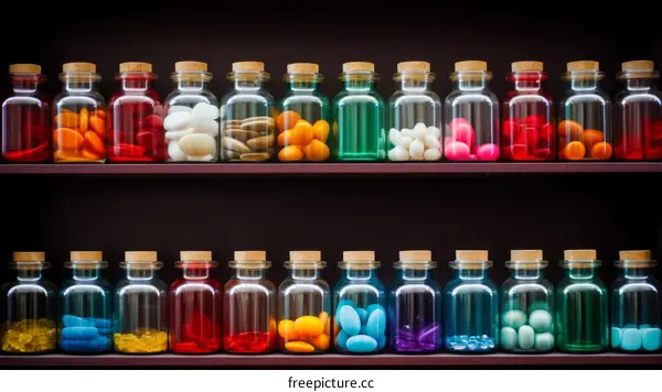 Colorful glass bottles with various pills and tablets