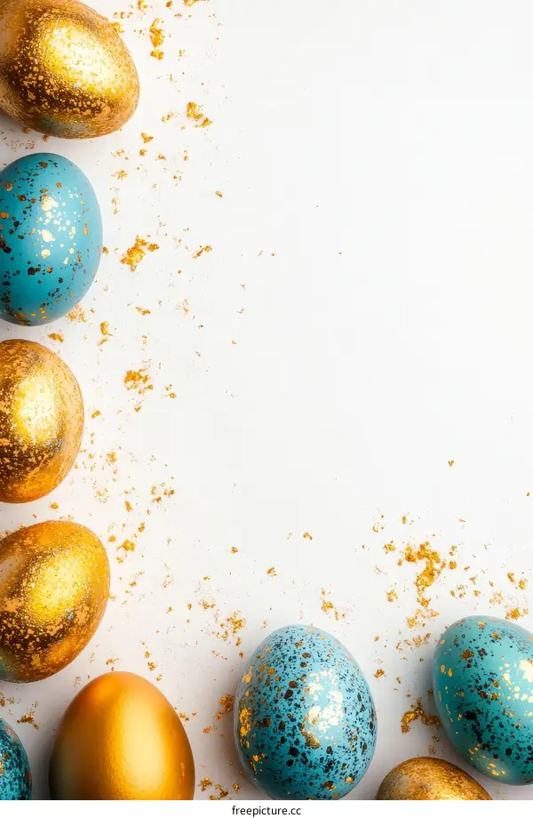 Golden and Teal Easter Eggs on White Background