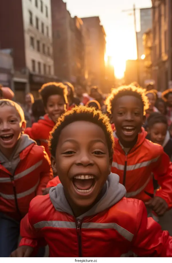 A group of happy children are running down a city street.