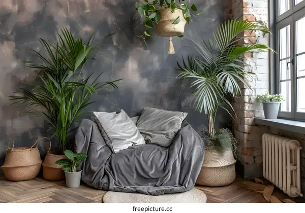 Cozy Living Room Interior With Plants and Gray Sofa