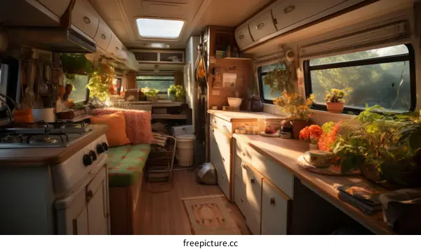 The interior of the camper van embraces home comforts with a kitchen, living area, and plants
