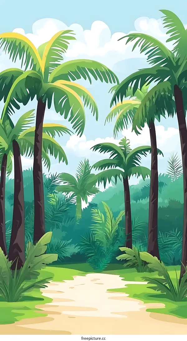 Tropical Rainforest Landscape Illustration With Palm Trees And Lush Foliage