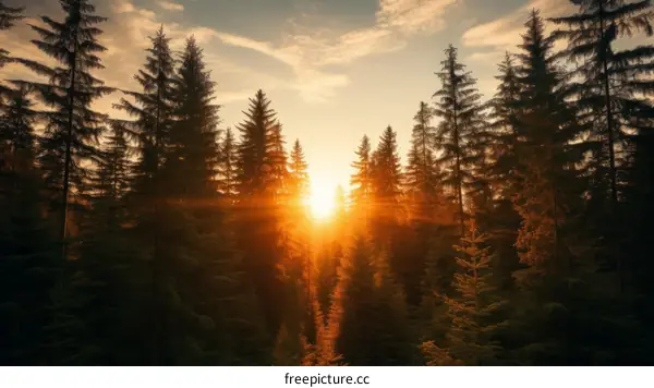 Golden Sunlight Through Majestic Pine Trees in a Forest