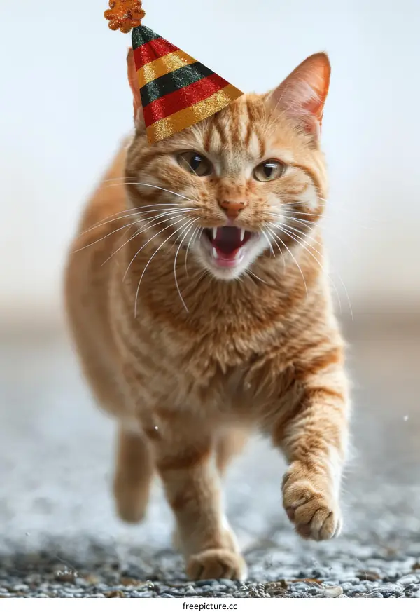 ginger cat wearing a birthday hat with red green and gold stripes