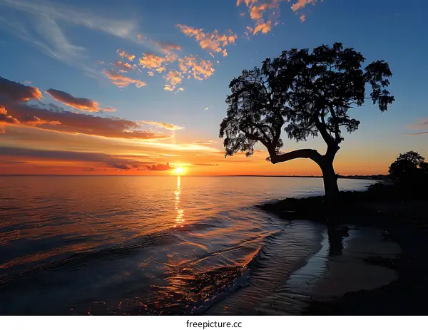 Silhouette of Tree Against Sunset Over Ocean