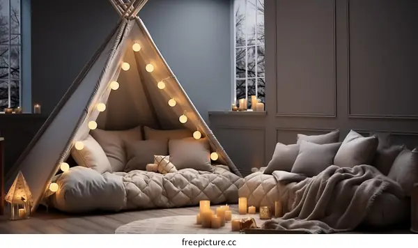 Cozy bedroom decor with a teepee tent and colorful cushions