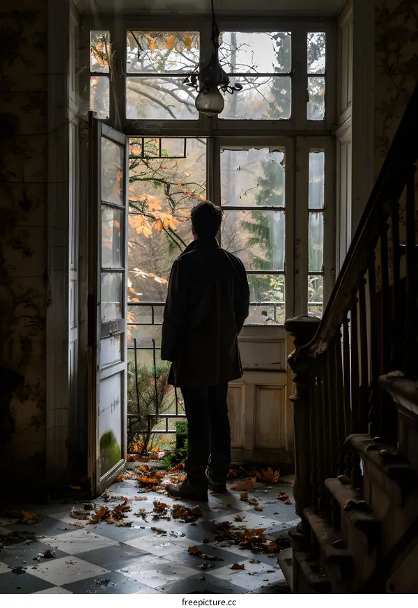 Man looking out at the autumn leaves through a broken door