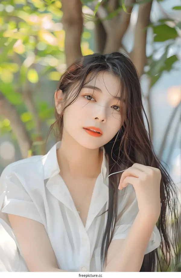 Portrait of a Young Woman with Long Black Hair Wearing a White Shirt