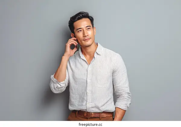 Thoughtful Asian Man in Casual Outfit Against Gray Background