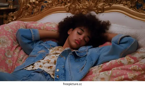 Woman Wearing Denim Jacket Sleeping on Bed with Floral Bedding