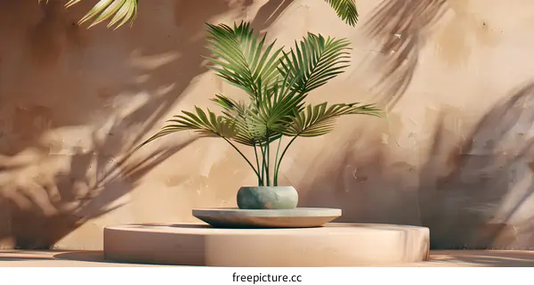 Tropical Plant in a Pot on a Platform Against a Beige Wall