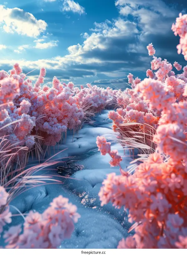 Frozen Pink Flower Field with Creek