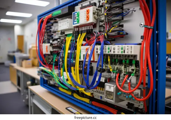 colorful electrical wires and circuit breakers in an electrical panel